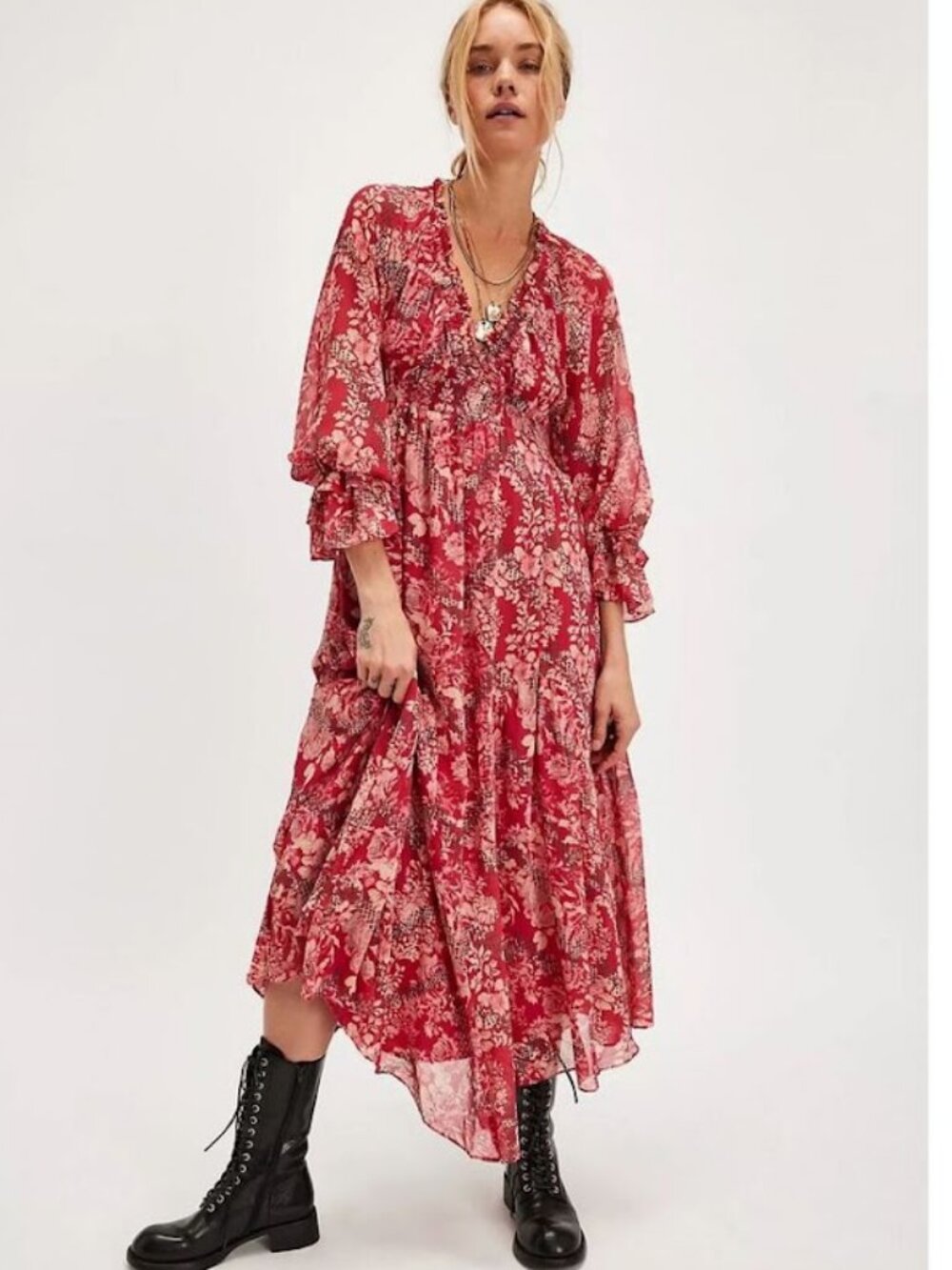 NWT Free People Lena Red Floral Midi Dress L